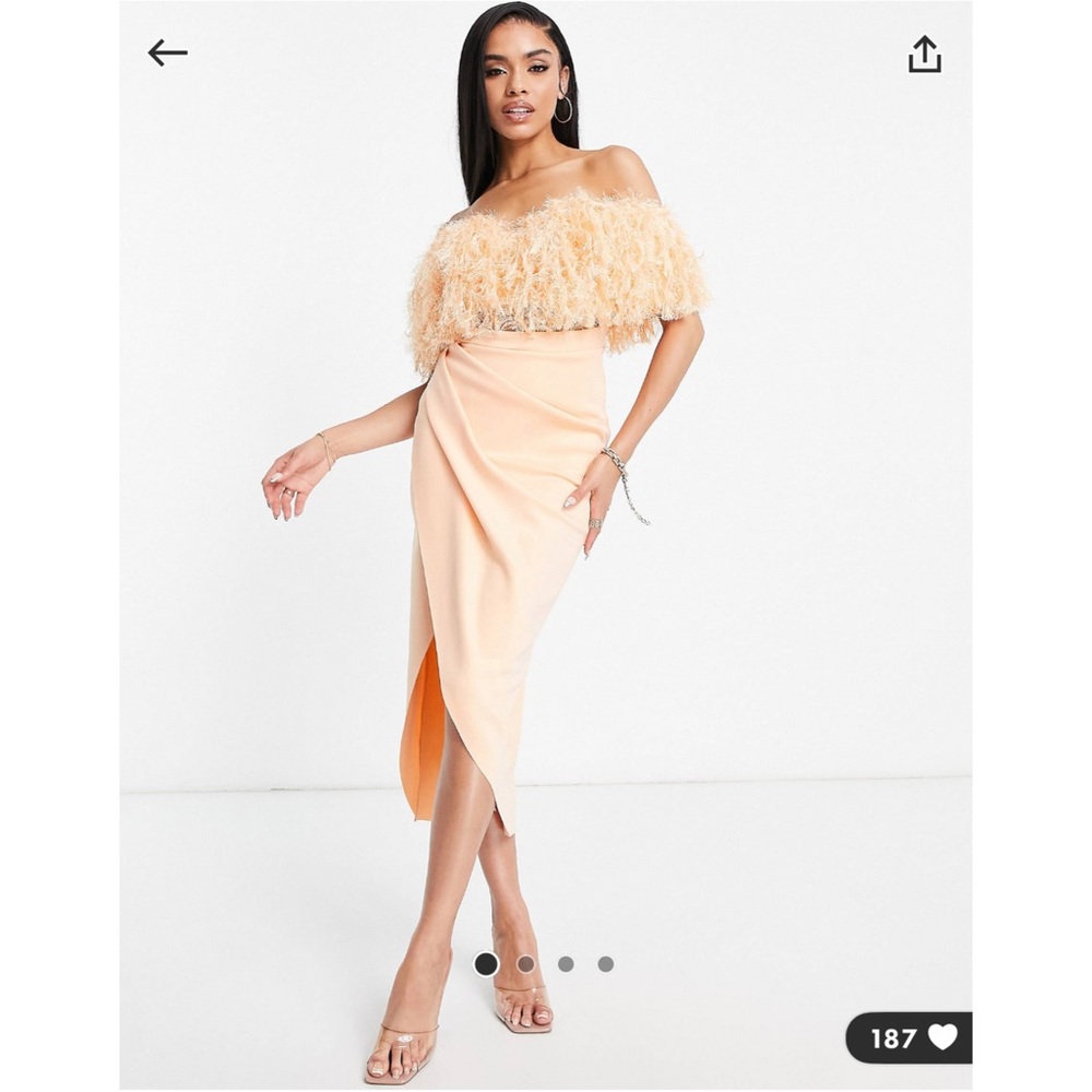🧡 ASOS Design 2 piece off-shoulder pencil faux feather midi dress in peach 🧡